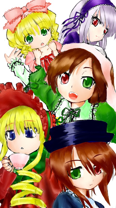 :d blonde_hair blue_dress blue_eyes bonnet bow brown_hair cup dress drill_hair frills green_eyes hat head_scarf heterochromia hina_ichigo image long_hair long_sleeves looking_at_viewer multiple multiple_girls open_mouth pink_bow red_eyes shinku short_hair siblings silver_hair simple_background sisters smile souseiseki suigintou suiseiseki tagme twin_drills twins twintails very_long_hair white_background