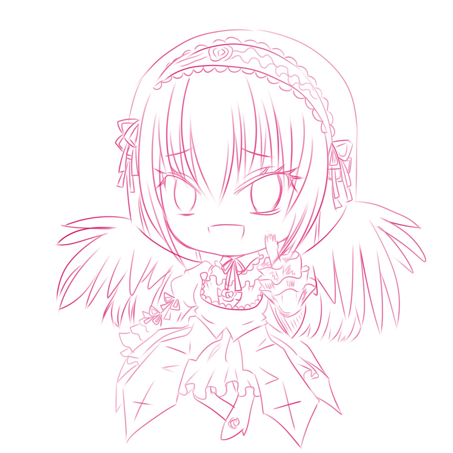 1girl blush chibi eyebrows_visible_through_hair feathered_wings frills greyscale hairband image looking_at_viewer monochrome open_mouth short_hair smile solo striped suigintou wings