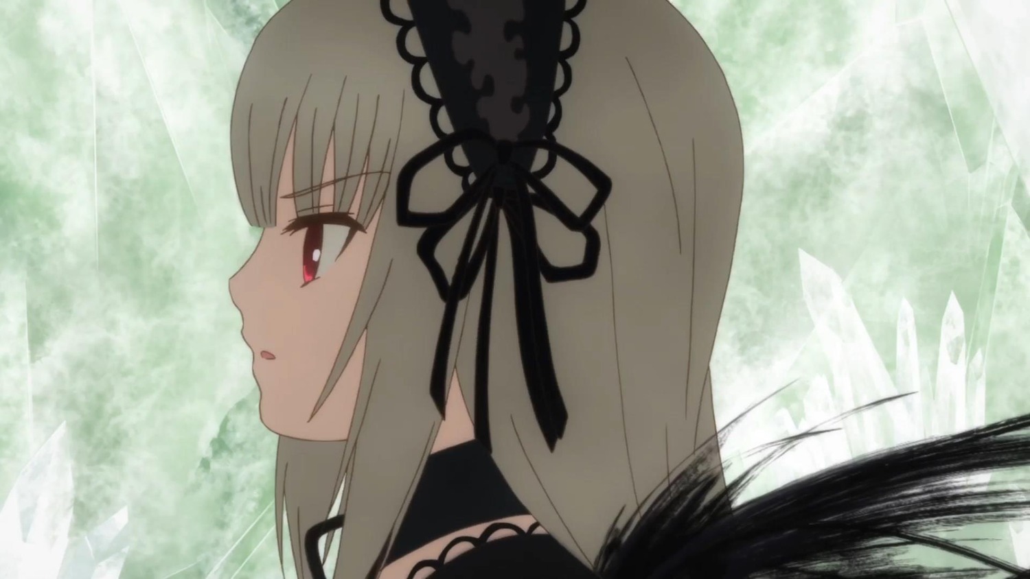 1girl bangs black_dress black_ribbon dress eyebrows_visible_through_hair hairband image long_hair parted_lips red_eyes ribbon solo suigintou