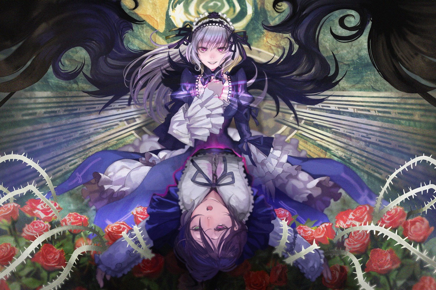 2girls black_dress brown_hair commentary_request dress flower frills gothic_lolita hairband heterochromia highres image lolita_fashion long_hair moruga multiple_girls pair petals photoshop_(medium) pink_eyes pink_rose plant purple_rose red_flower red_rose ribbon rose rose_petals rozen_maiden short_hair silver_hair souseiseki suigintou very_long_hair vines wings