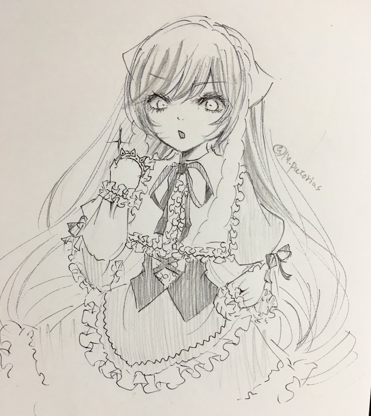 1girl bangs blush bow dress eyebrows_visible_through_hair frills greyscale image long_hair long_sleeves looking_at_viewer monochrome parted_lips ribbon solo suiseiseki traditional_media twitter_username very_long_hair