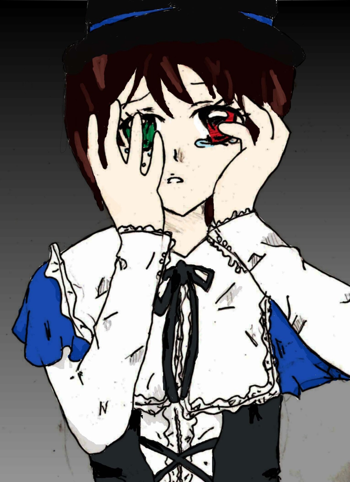 1girl auto_tagged brown_hair crying frills hands_on_own_face image long_sleeves red_eyes solo souseiseki tears upper_body