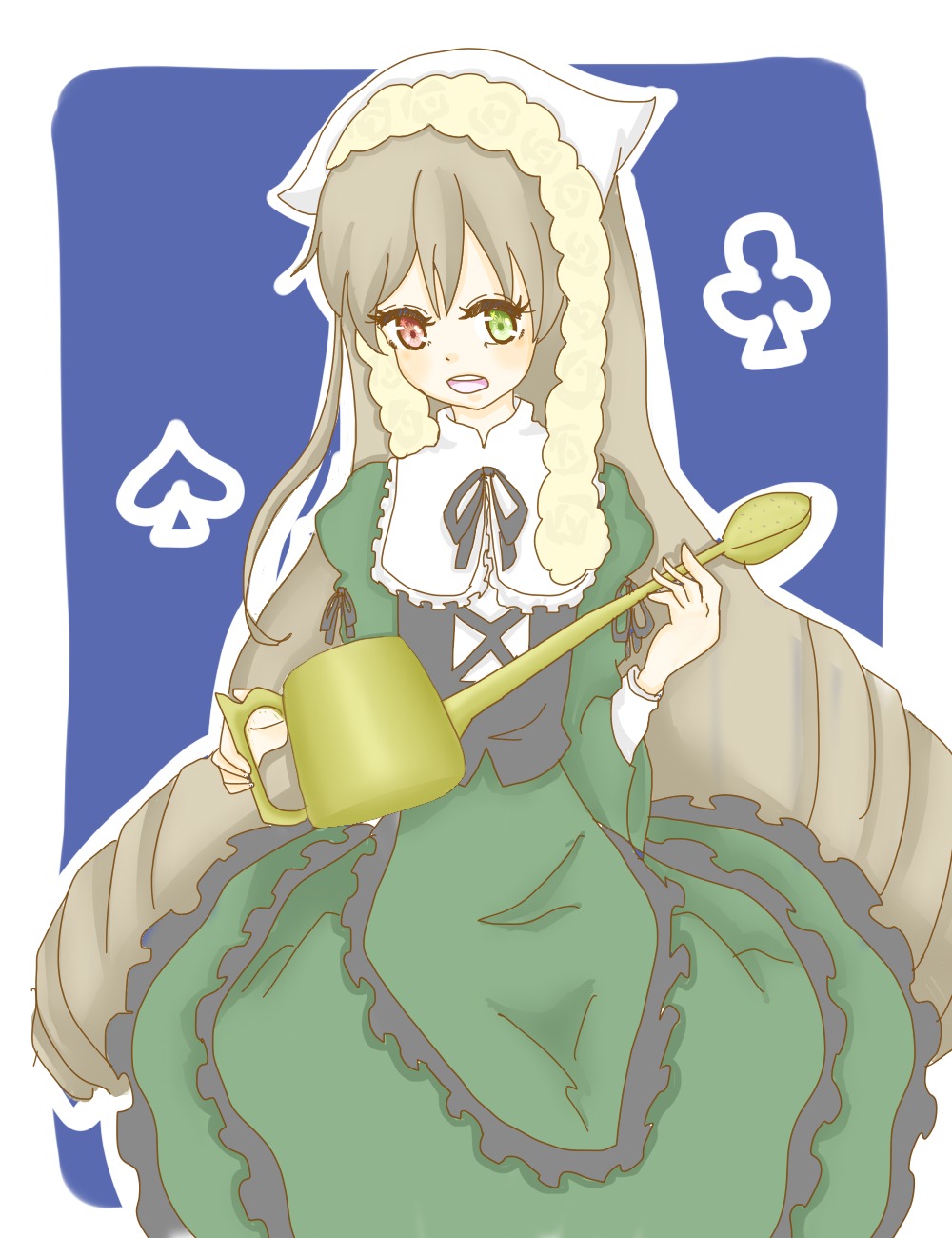 1girl brown_hair dress frills green_dress green_eyes heterochromia image long_hair long_sleeves open_mouth red_eyes ribbon simple_background solo suiseiseki watering_can
