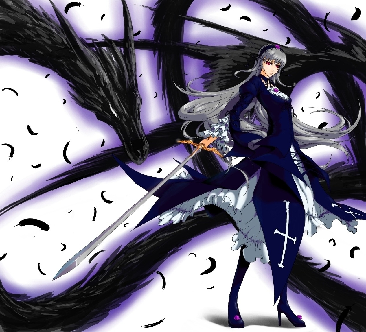 1girl bird black_feathers black_wings dove dress feathered_wings feathers flower frills hairband image long_hair petals red_eyes rose silver_hair solo suigintou white_feathers wings