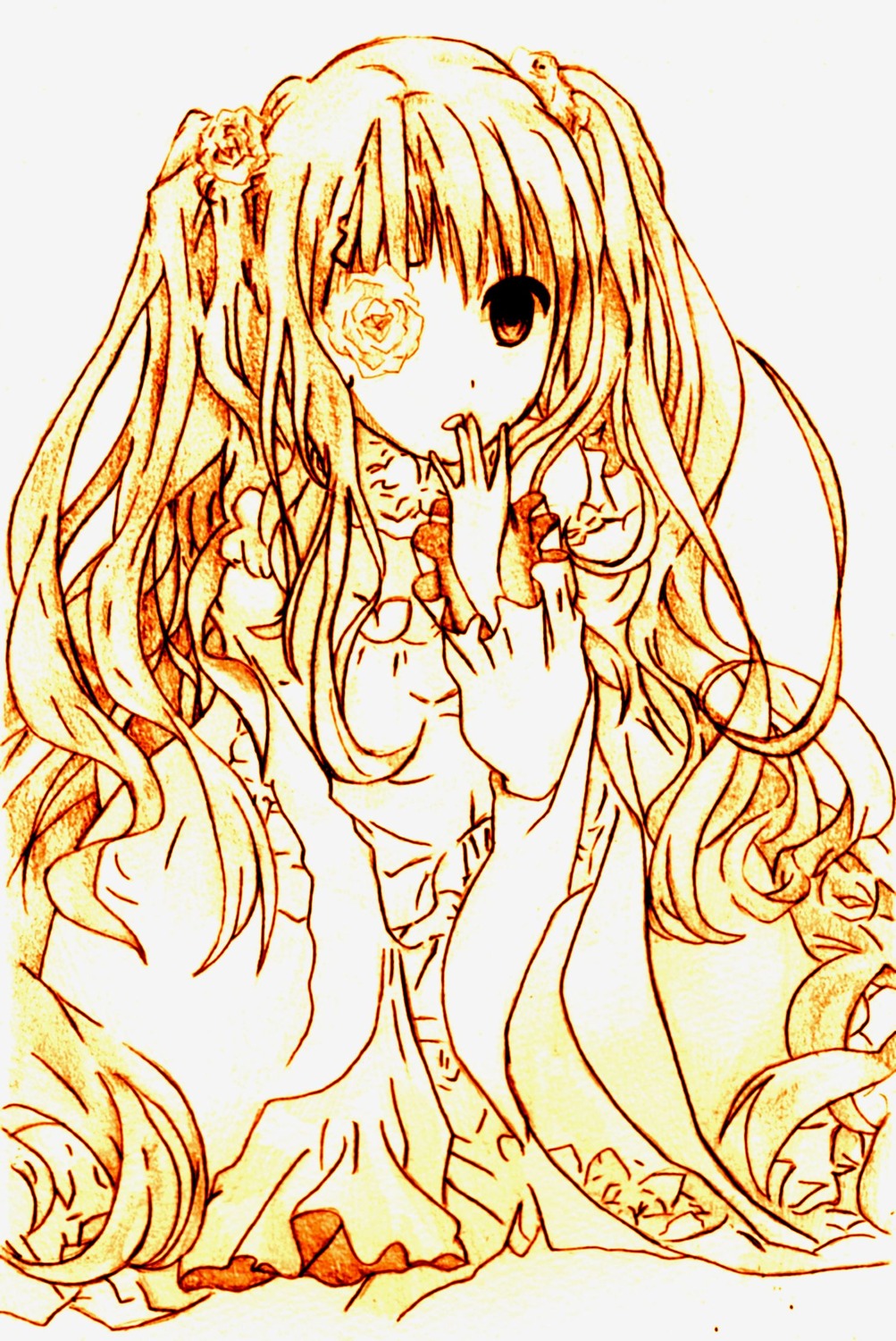 1girl dress flower frills hair_ornament image kirakishou long_hair long_sleeves looking_at_viewer monochrome solo traditional_media two_side_up very_long_hair