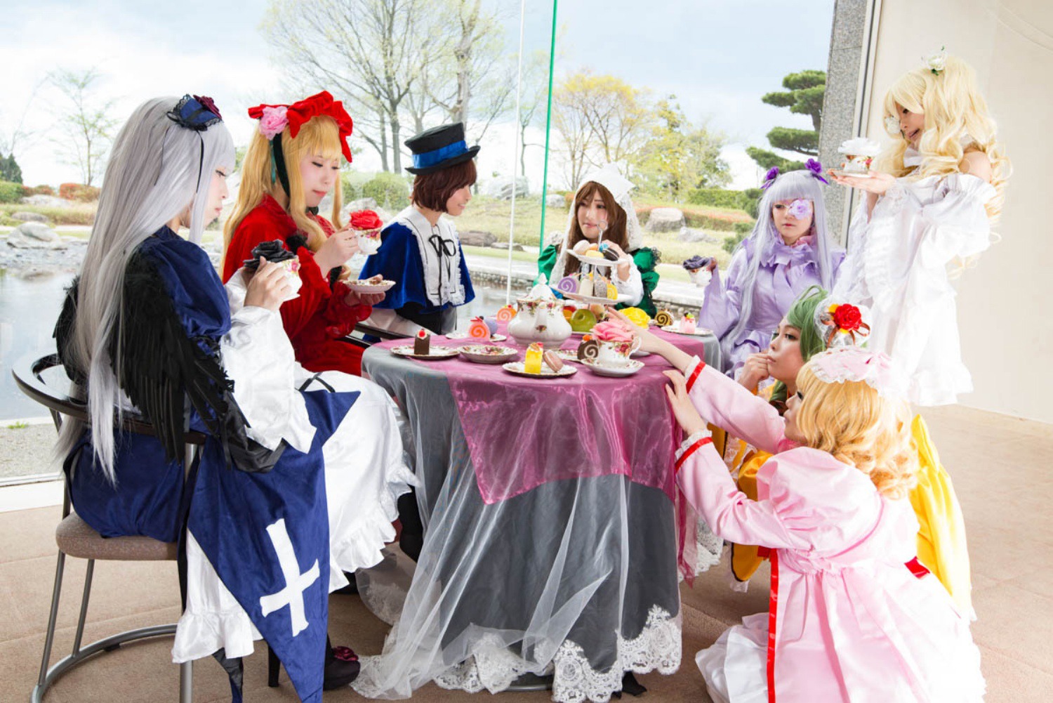 6+girls blonde_hair brown_hair closed_eyes dress flower food hat kiss long_hair multiple_cosplay multiple_girls pantyhose short_hair silver_hair table tagme top_hat veil