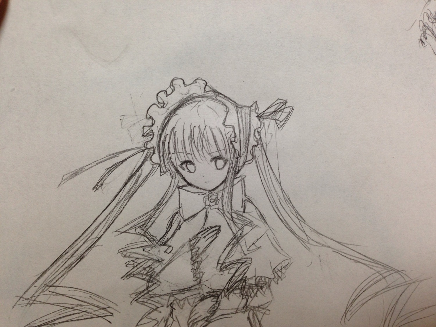 1girl dress image long_hair long_sleeves looking_at_viewer monochrome photo shinku simple_background solo traditional_media twintails upper_body