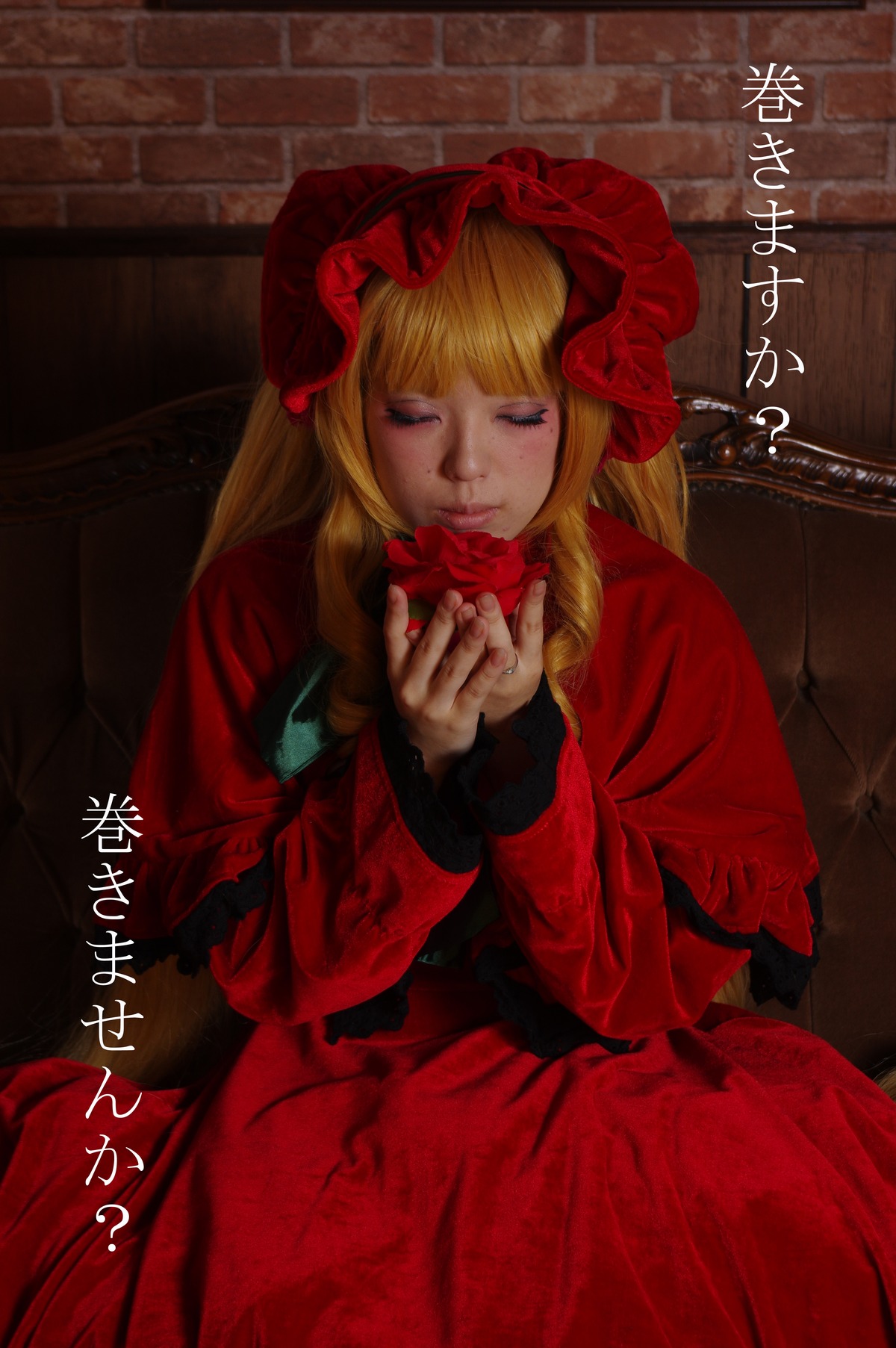 1girl blonde_hair bonnet character_name closed_eyes copyright_name dress english_text flower holding long_hair long_sleeves red_dress red_flower red_rose rose shinku sitting solo