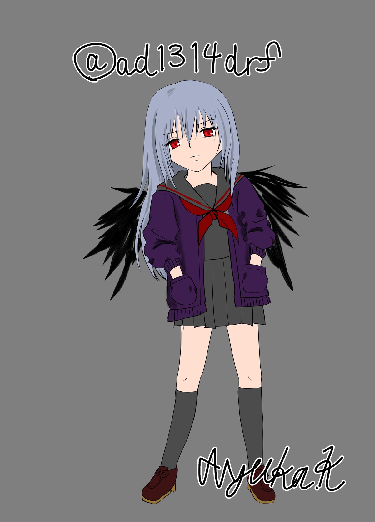 1girl black_legwear black_wings character_name grey_background image kneehighs long_hair looking_at_viewer pleated_skirt red_eyes school_uniform serafuku shoes silver_hair skirt solo suigintou wings