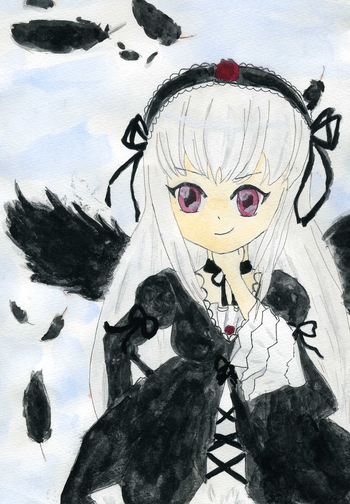 1girl black_dress black_feathers black_ribbon black_wings detached_collar dress feathers flower frills hairband image lolita_fashion lolita_hairband long_hair long_sleeves looking_at_viewer pink_eyes ribbon rose silver_hair smile solo suigintou traditional_media wings