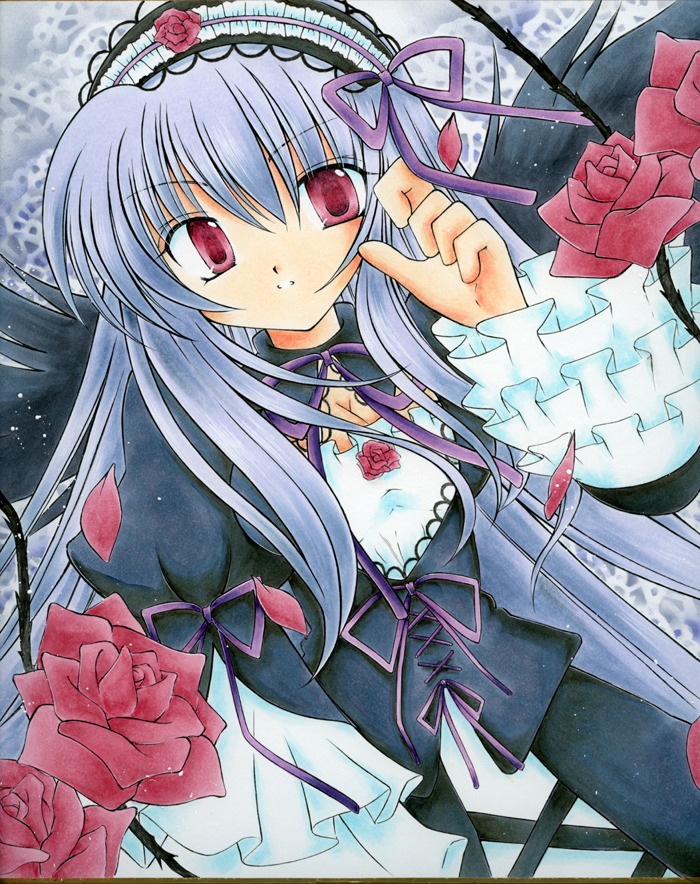 1girl dress flower frills gothic_lolita hairband image lolita_fashion long_hair long_sleeves looking_at_viewer marker_(medium) pastel_(medium) pink_flower pink_rose red_eyes red_flower red_rose ribbon rose rose_petals solo suigintou traditional_media wings