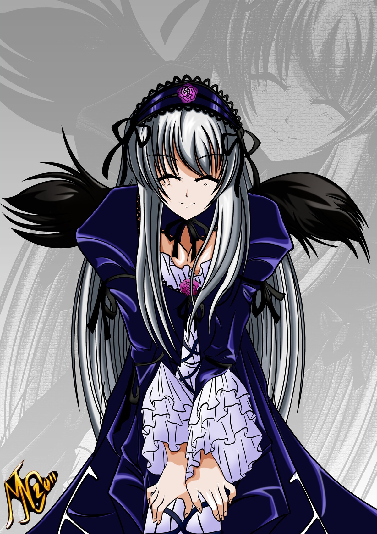 1girl black_wings closed_eyes dress frilled_sleeves frills hairband image long_hair long_sleeves puffy_sleeves ribbon silver_hair smile solo standing suigintou v_arms very_long_hair wings