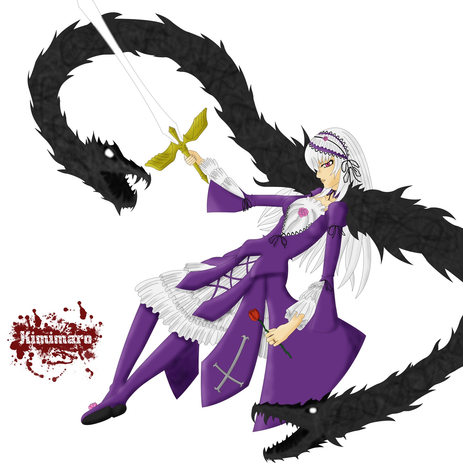 1girl black_wings dress frills hairband holding holding_weapon image long_hair long_sleeves monster scythe solo suigintou sword weapon white_hair wings