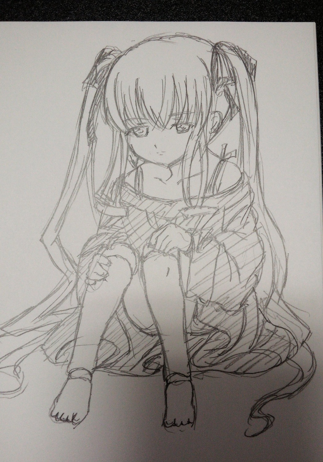 1girl bare_shoulders barefoot greyscale hair_ribbon image long_hair looking_at_viewer monochrome off_shoulder ribbon shinku sitting sketch solo traditional_media twintails very_long_hair