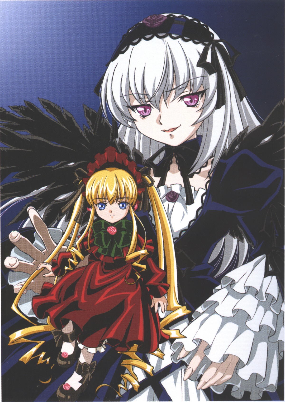 2girls black_wings blonde_hair blue_eyes bow dress flower frills green_bow hairband image long_hair long_sleeves looking_at_viewer multiple_girls pair red_dress shinku silver_hair suigintou tongue tongue_out twintails wings