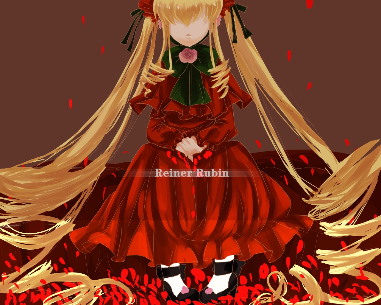 1girl blonde_hair bow dress flower hair_over_eyes hair_ribbon image long_hair long_sleeves petals red_dress ribbon rose rose_petals shinku solo twintails very_long_hair