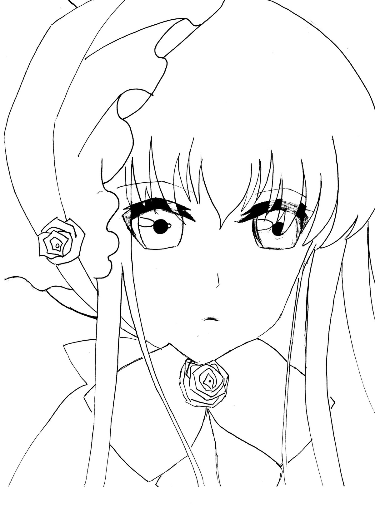 1girl bangs blush eyebrows_visible_through_hair flower greyscale hair_between_eyes image long_hair looking_at_viewer monochrome parted_lips rose shinku simple_background solo white_background