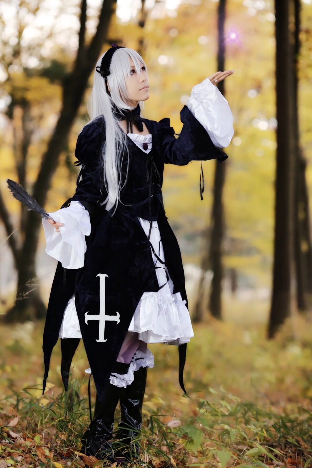 1girl black_dress blurry blurry_background blurry_foreground depth_of_field dress frills hairband long_hair long_sleeves outdoors silver_hair solo standing suigintou very_long_hair wide_sleeves wings