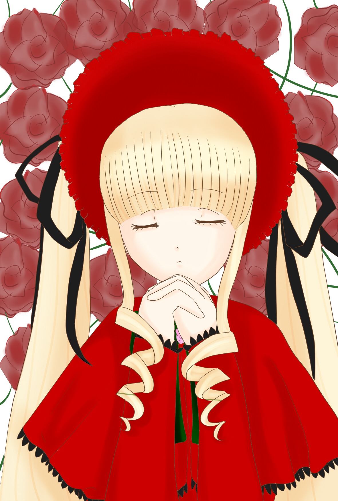 1girl bangs blonde_hair bonnet closed_eyes dress drill_hair flower hands_clasped hat image long_hair long_sleeves own_hands_together pink_flower pink_rose red_capelet red_flower red_rose rose shinku sidelocks solo thorns twin_drills twintails upper_body
