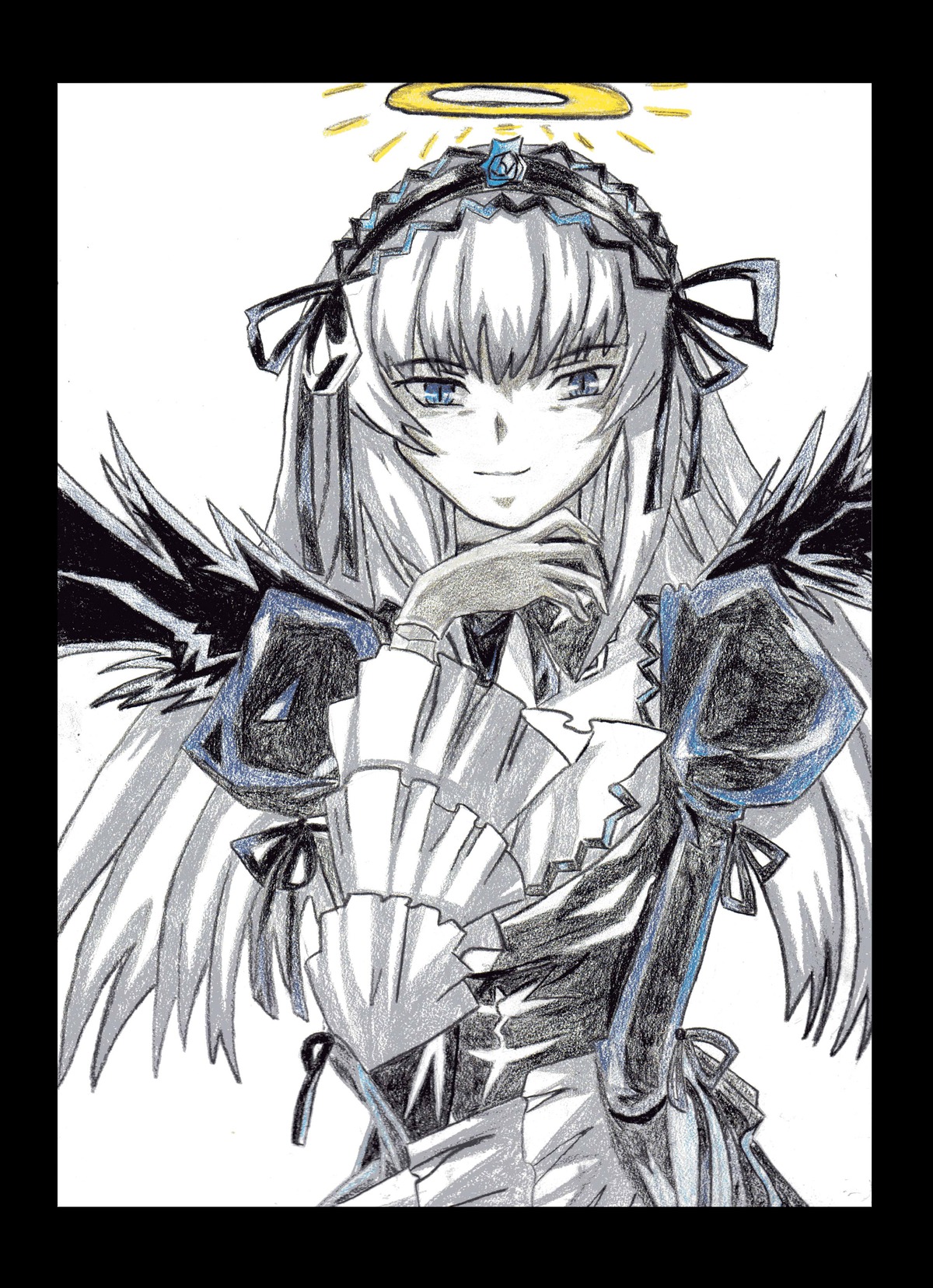 1girl black_border black_wings blue_eyes border dress feathers frills hairband halo image letterboxed long_hair long_sleeves looking_at_viewer marker_(medium) monochrome pillarboxed ribbon shikishi silver_hair simple_background smile solo suigintou traditional_media white_background wings
