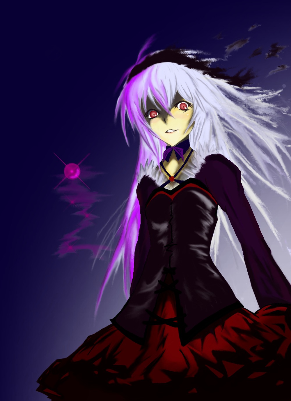 1girl auto_tagged dress image long_hair long_sleeves looking_at_viewer red_eyes skirt sky smile solo suigintou