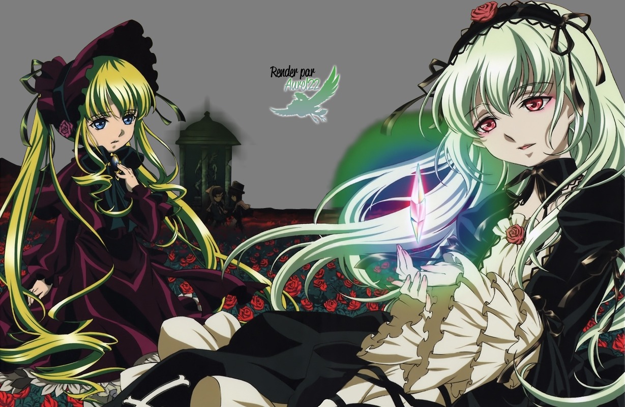 2girls black_dress blonde_hair blue_eyes bonnet bow dress flower frills image long_hair long_sleeves looking_at_viewer multiple_girls pair red_dress red_eyes red_flower rose shinku suigintou twintails very_long_hair wings