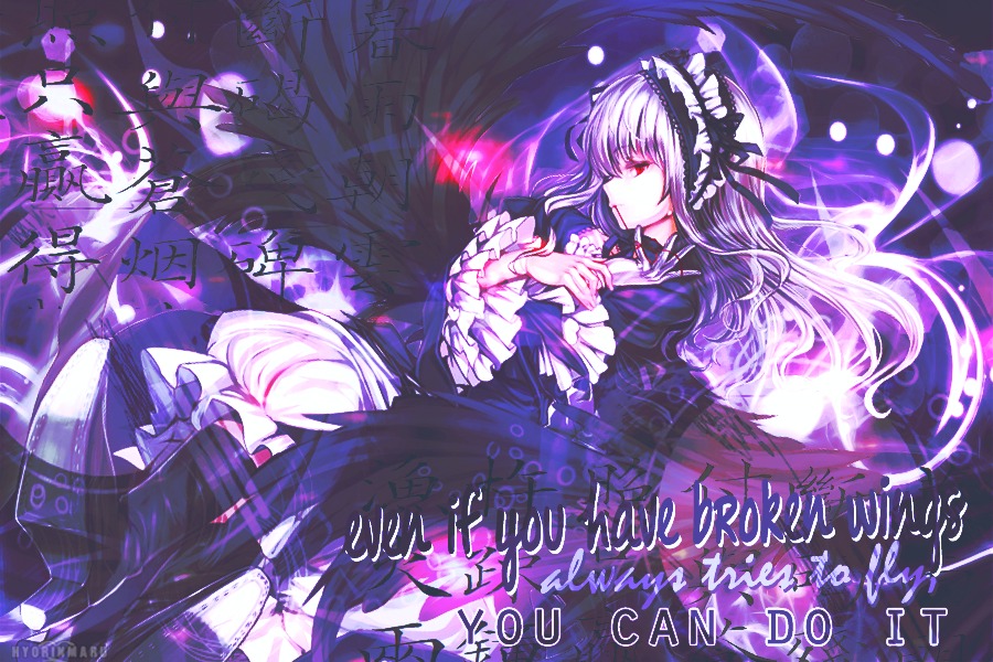 1girl black_dress copyright_name dress frilled_sleeves frills hairband image lolita_hairband long_hair long_sleeves red_eyes silver_hair solo suigintou wings