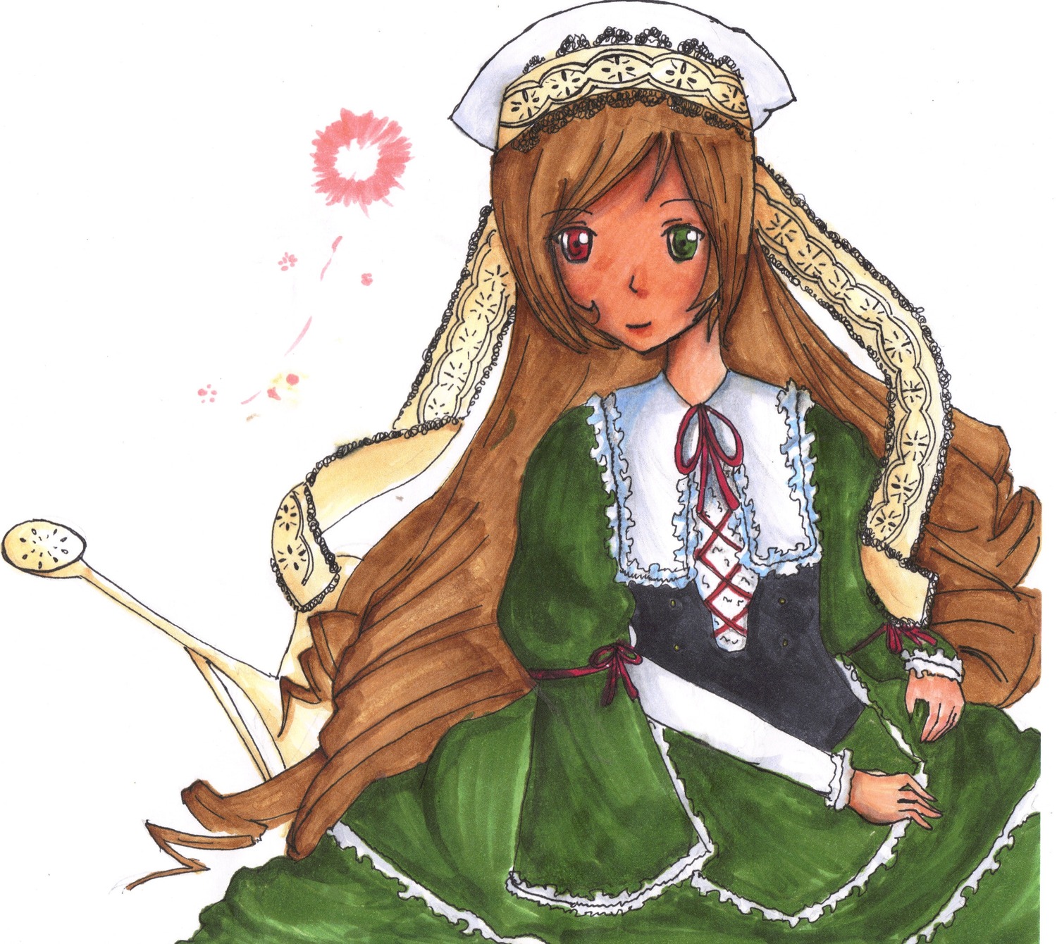 1girl auto_tagged brown_hair dress drill_hair frills green_dress green_eyes hat heterochromia image lace long_hair long_sleeves looking_at_viewer red_eyes ribbon simple_background solo suiseiseki twin_drills very_long_hair watering_can white_background