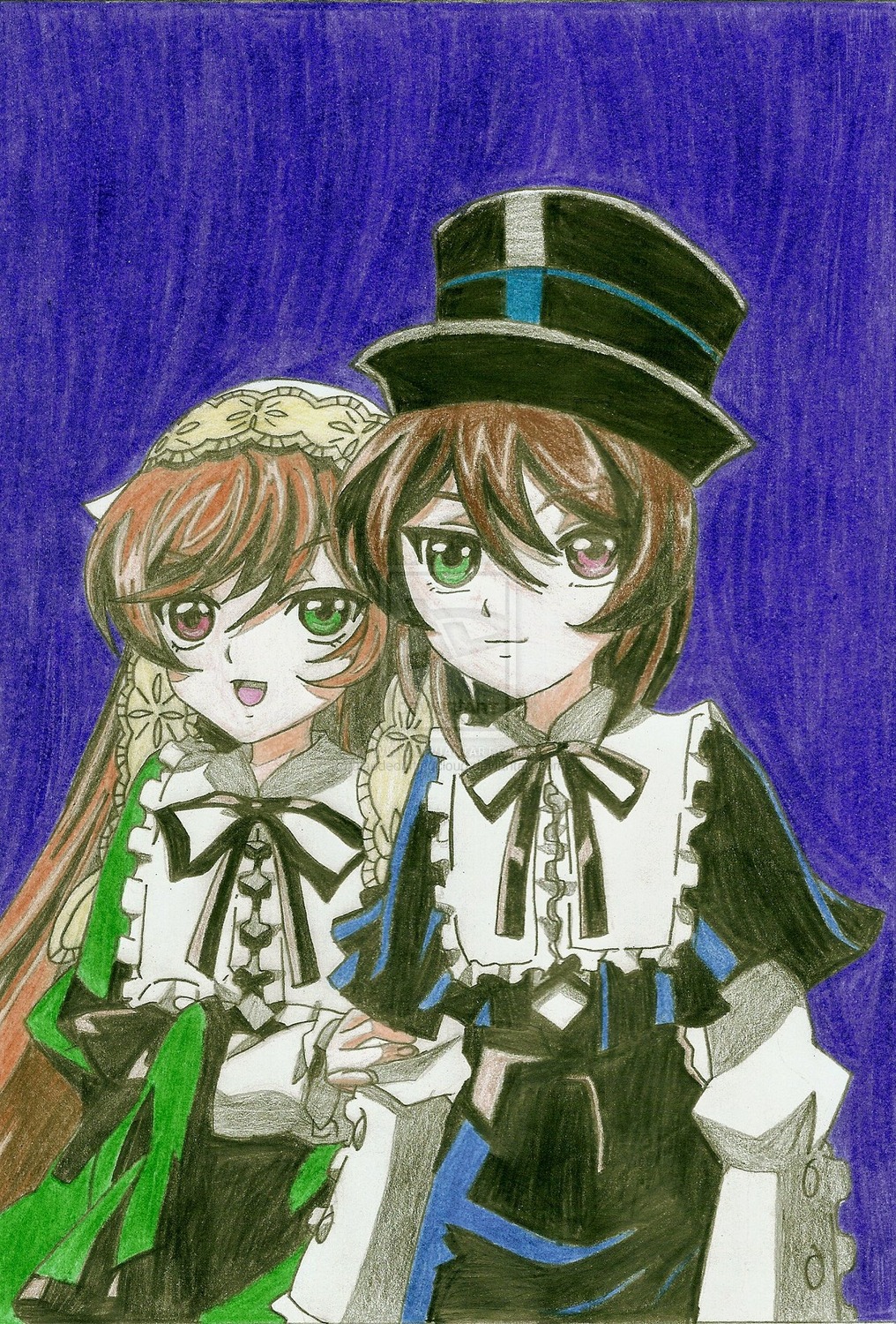 2girls brown_hair dress frills green_dress green_eyes hat heterochromia image long_hair long_sleeves looking_at_viewer multiple_girls open_mouth pair red_eyes ribbon short_hair siblings sisters smile souseiseki suiseiseki top_hat twins