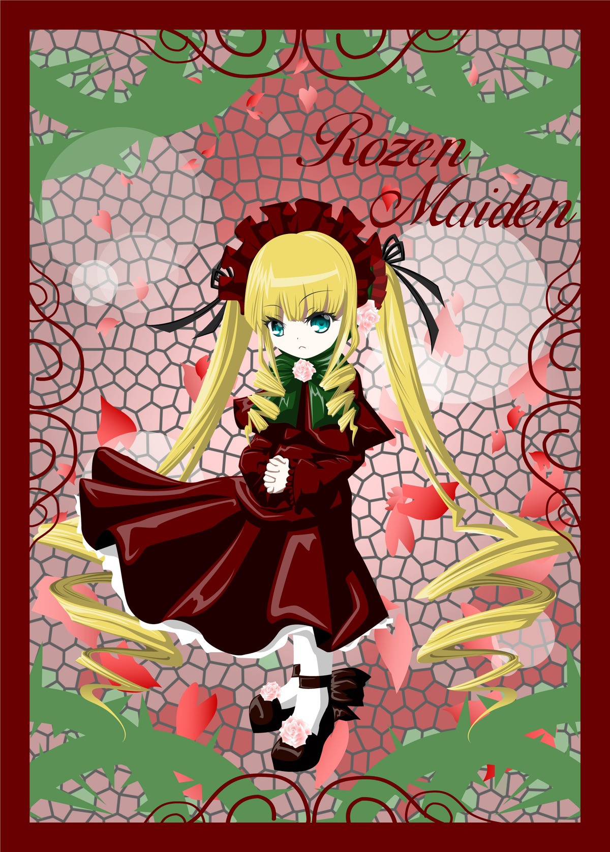 1girl black_border blonde_hair blue_eyes border bow chain-link_fence dress drill_hair fence flower image letterboxed long_hair long_sleeves looking_at_viewer petals red_dress shinku solo twintails