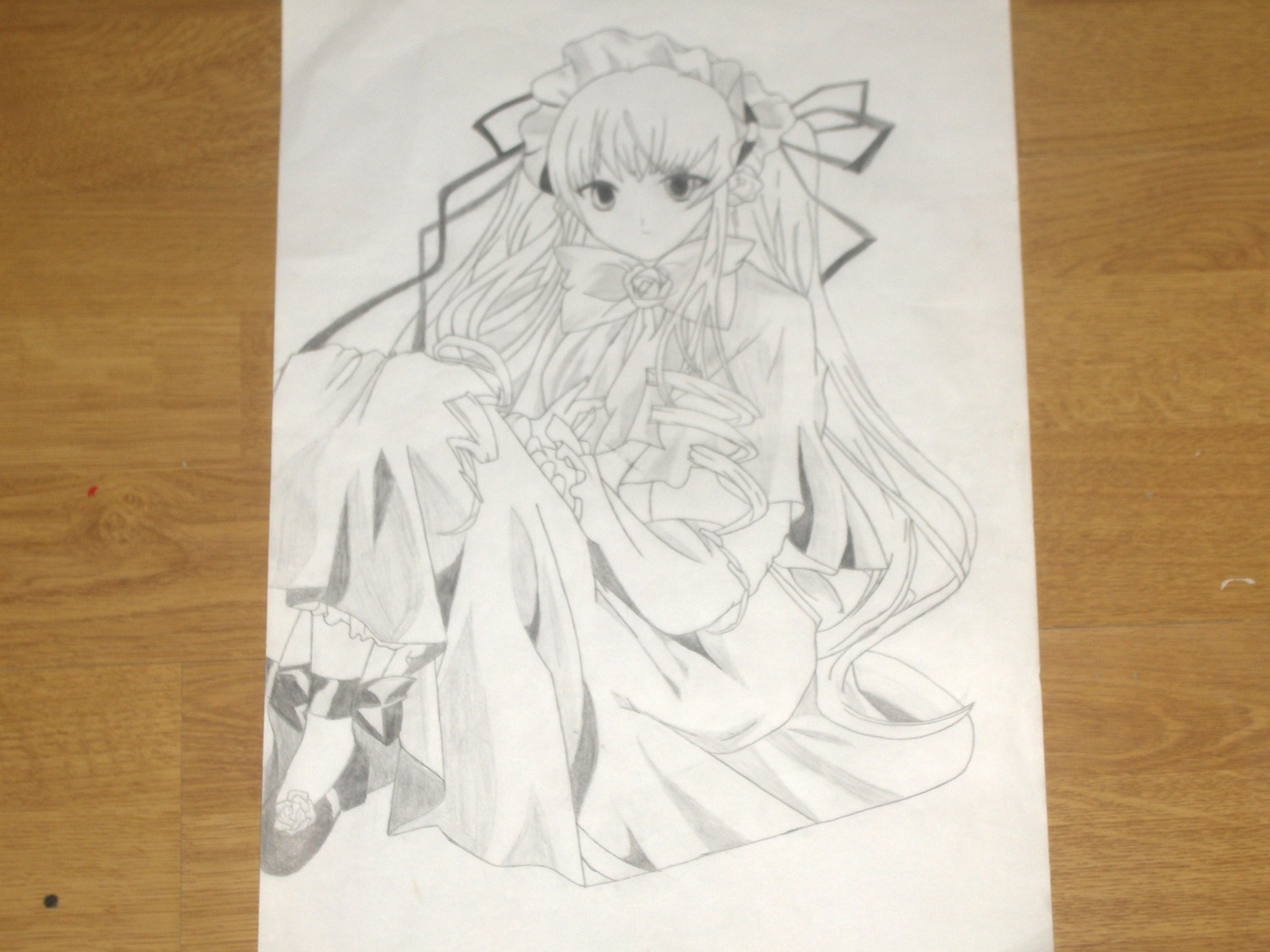 1girl dress flower frills full_body image long_hair long_sleeves looking_at_viewer monochrome photo rose shinku shoes sitting solo traditional_media very_long_hair