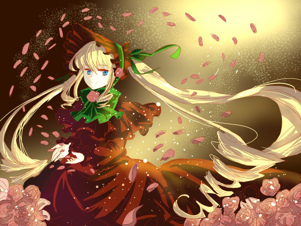 1girl blonde_hair blue_eyes bonnet bow bowtie capelet dress flower green_bow green_neckwear image long_hair looking_at_viewer petals pink_flower pink_rose red_dress red_flower red_rose rose rose_petals shinku solo twintails very_long_hair