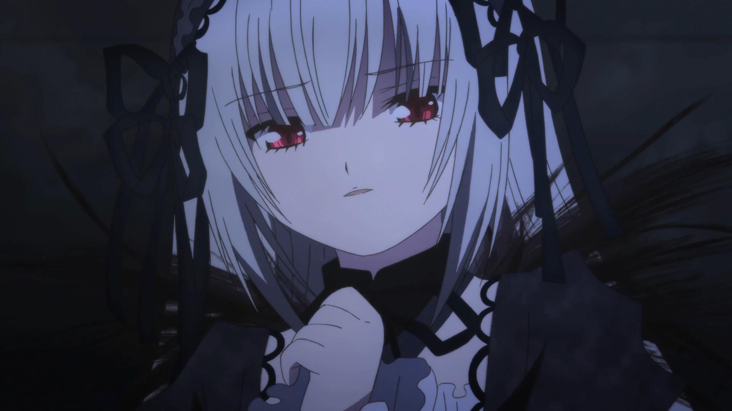 1girl bangs black_dress black_ribbon dress eyebrows_visible_through_hair hair_between_eyes hair_ribbon hairband image long_hair long_sleeves looking_at_viewer parted_lips red_eyes ribbon solo suigintou