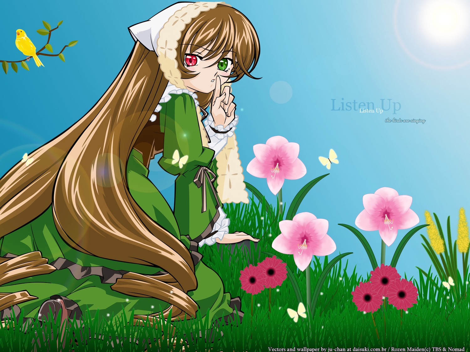 1girl blue_butterfly brown_hair bug butterfly copyright_name dress flower frills green_dress green_eyes heterochromia image insect long_hair long_sleeves looking_at_viewer looking_back red_eyes sitting solo suiseiseki very_long_hair