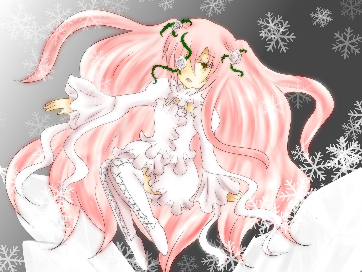 1girl boots dress flower frills image kirakishou long_hair pink_hair rose snowflakes solo thigh_boots thighhighs very_long_hair yellow_eyes