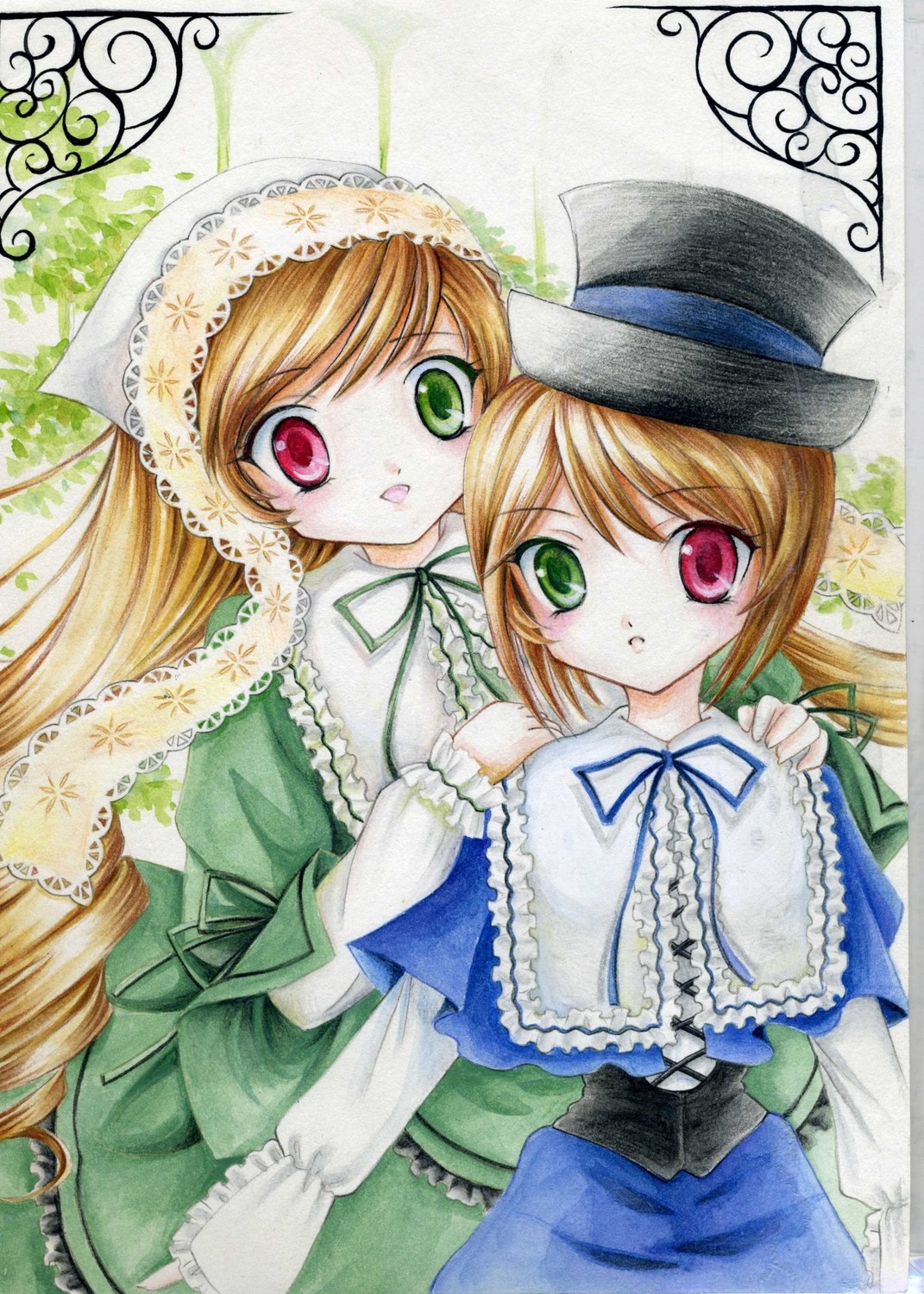 2girls blonde_hair brown_hair dress frills green_dress green_eyes hat head_scarf heterochromia image long_hair long_sleeves looking_at_viewer marker_(medium) multiple_girls pair red_eyes siblings sisters souseiseki suiseiseki top_hat traditional_media twins very_long_hair