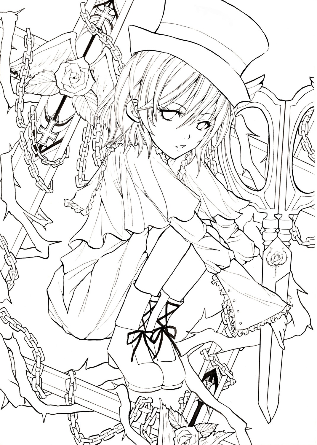 1girl boots broken_chain chain chained cuffs flower hat image jewelry lineart monochrome rose shackles short_hair solo souseiseki swing top_hat