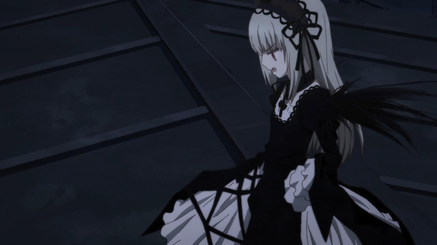 1girl black_dress black_wings dress feathered_wings flower frills hairband image juliet_sleeves lolita_hairband long_hair long_sleeves profile puffy_sleeves rose solo suigintou very_long_hair wide_sleeves wings