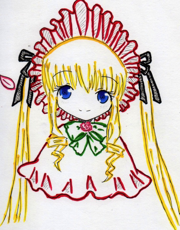 1girl blonde_hair blue_eyes bonnet drill_hair flower image long_hair looking_at_viewer marker_(medium) photo red_flower rose shinku simple_background smile solo traditional_media twintails white_background