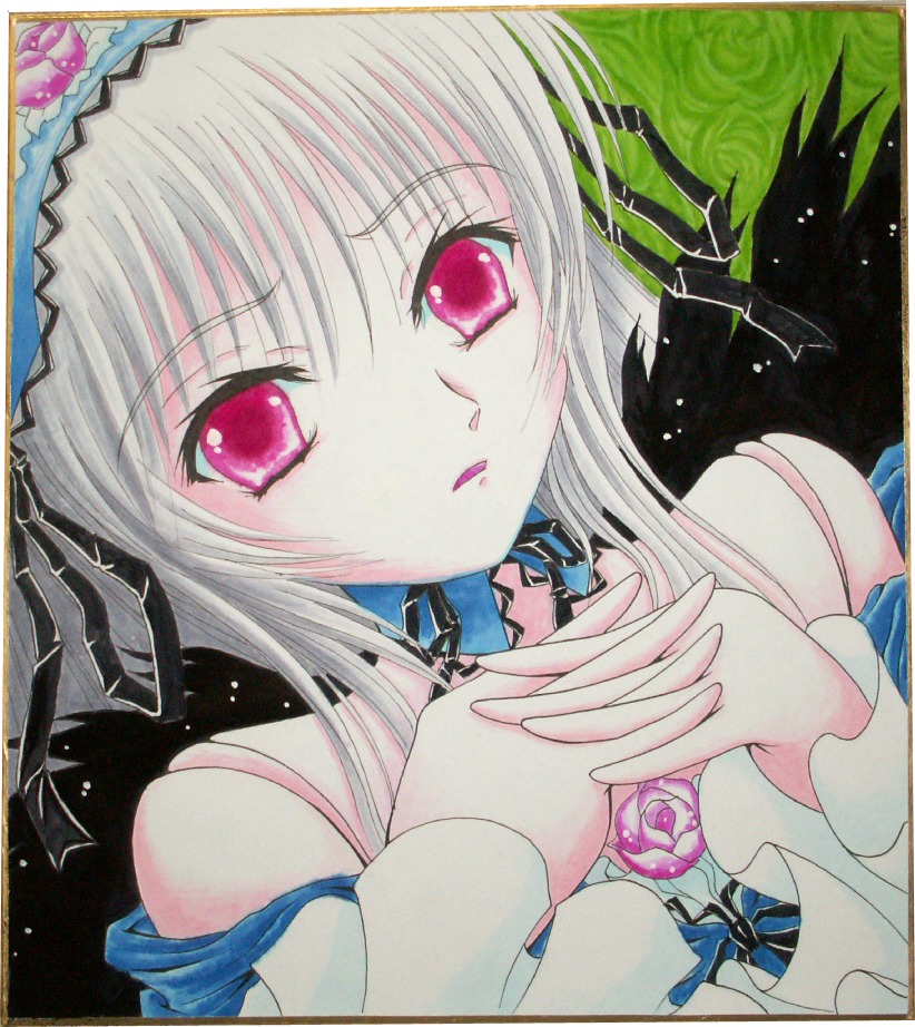 1girl bare_shoulders flower hairband image looking_at_viewer marker_(medium) millipen_(medium) pink_eyes rose shikishi silver_hair solo suigintou traditional_media