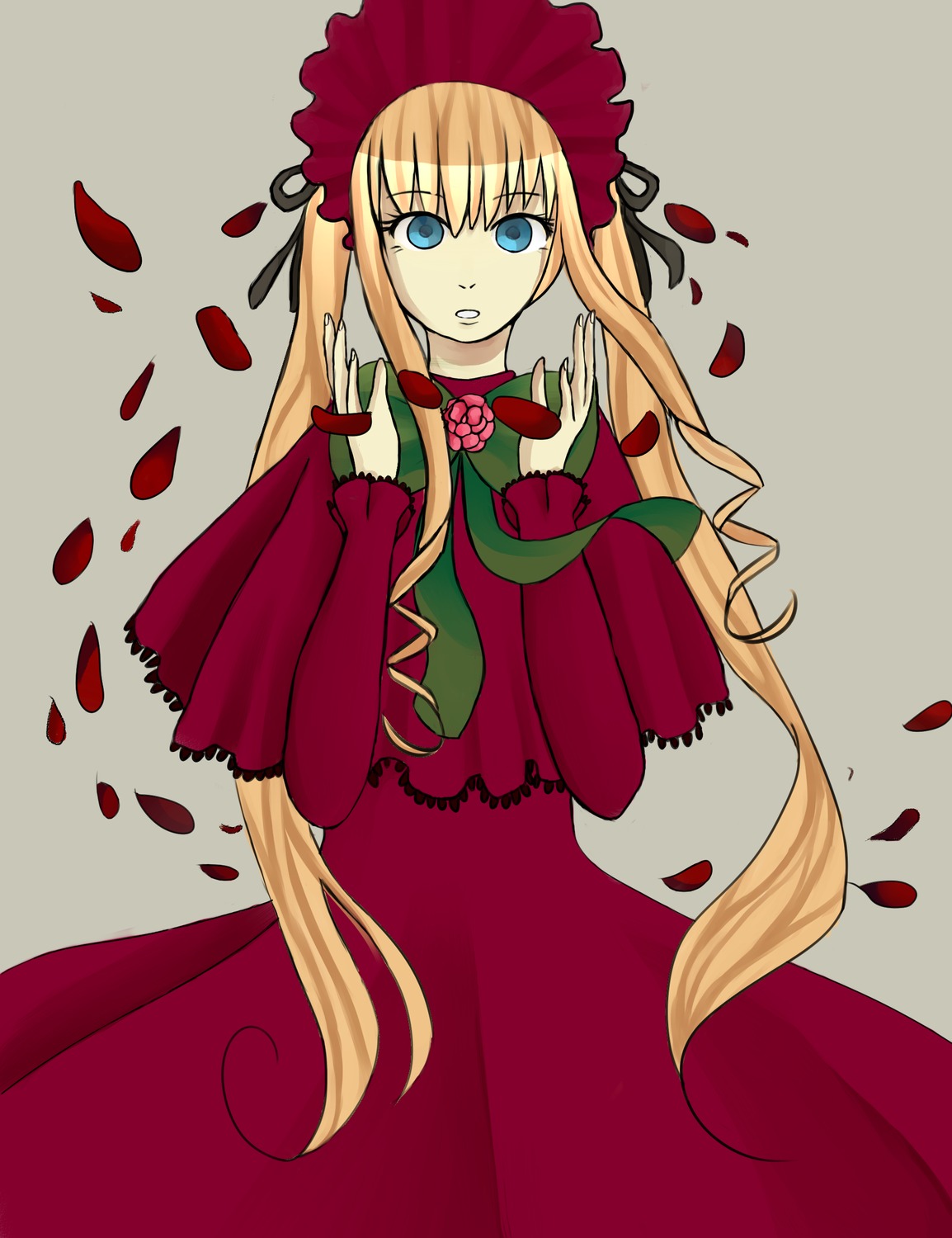 1girl blonde_hair blue_eyes bow dress flower image long_hair long_sleeves looking_at_viewer petals red_dress red_flower rose rose_petals shinku solo twintails very_long_hair