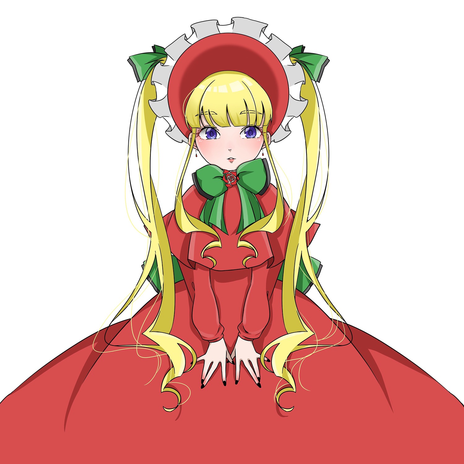 1girl bangs blonde_hair blue_eyes blush bonnet bow bowtie capelet dress eyebrows_visible_through_hair green_bow green_neckwear image long_hair long_sleeves looking_at_viewer red_dress shinku solo twintails v_arms very_long_hair white_background