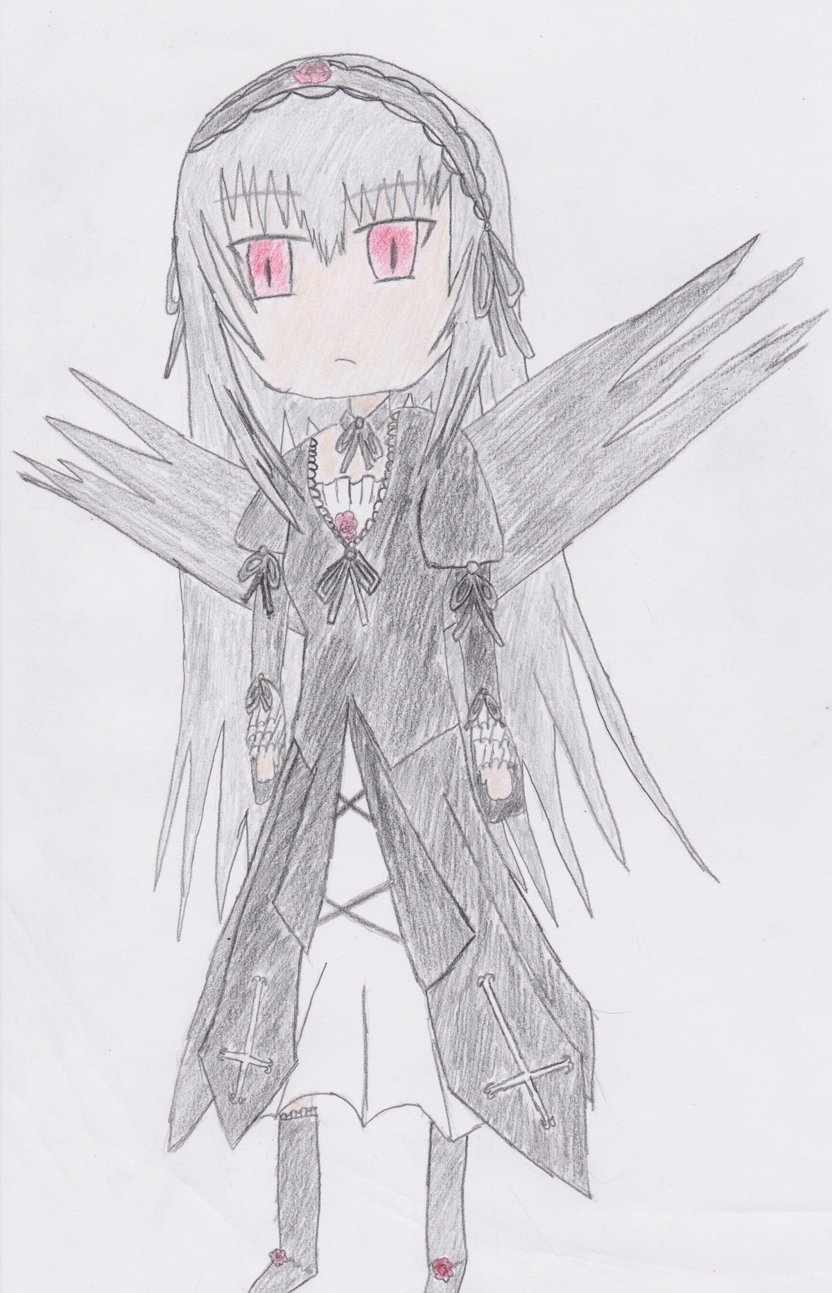 1girl akemi_homura auto_tagged black_hair black_wings chibi choker dress feathered_wings hairband image long_hair long_sleeves looking_at_viewer simple_background solo suigintou thighhighs white_background wings