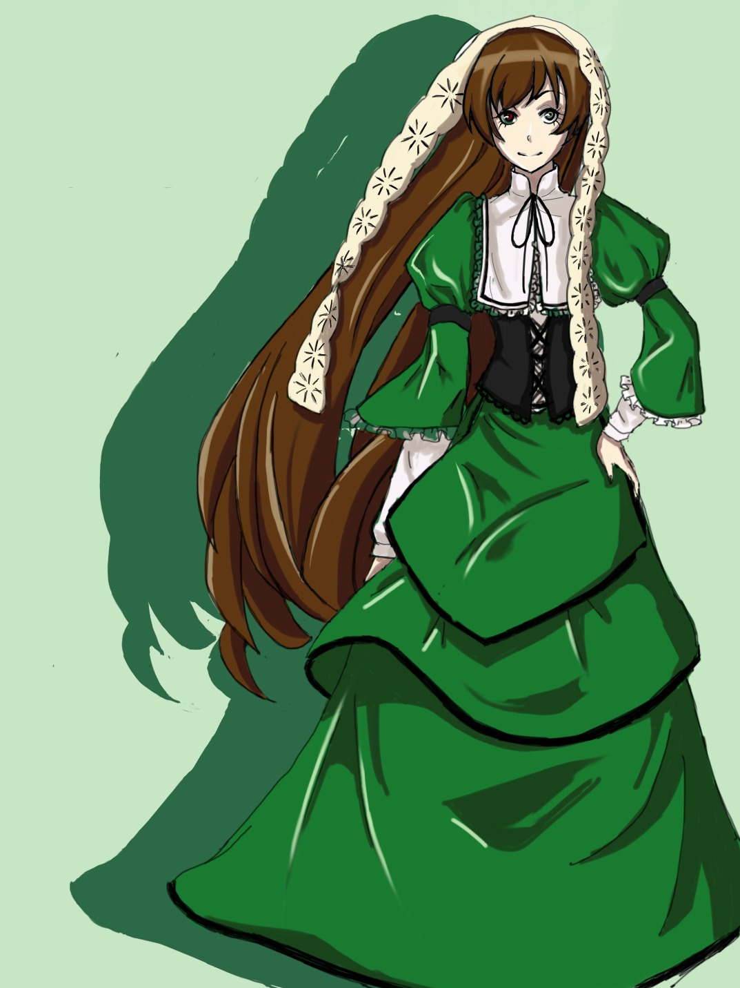 1girl brown_hair corset dress green_background green_dress green_eyes head_scarf image long_hair long_sleeves looking_at_viewer puffy_sleeves ribbon simple_background smile solo standing suiseiseki very_long_hair