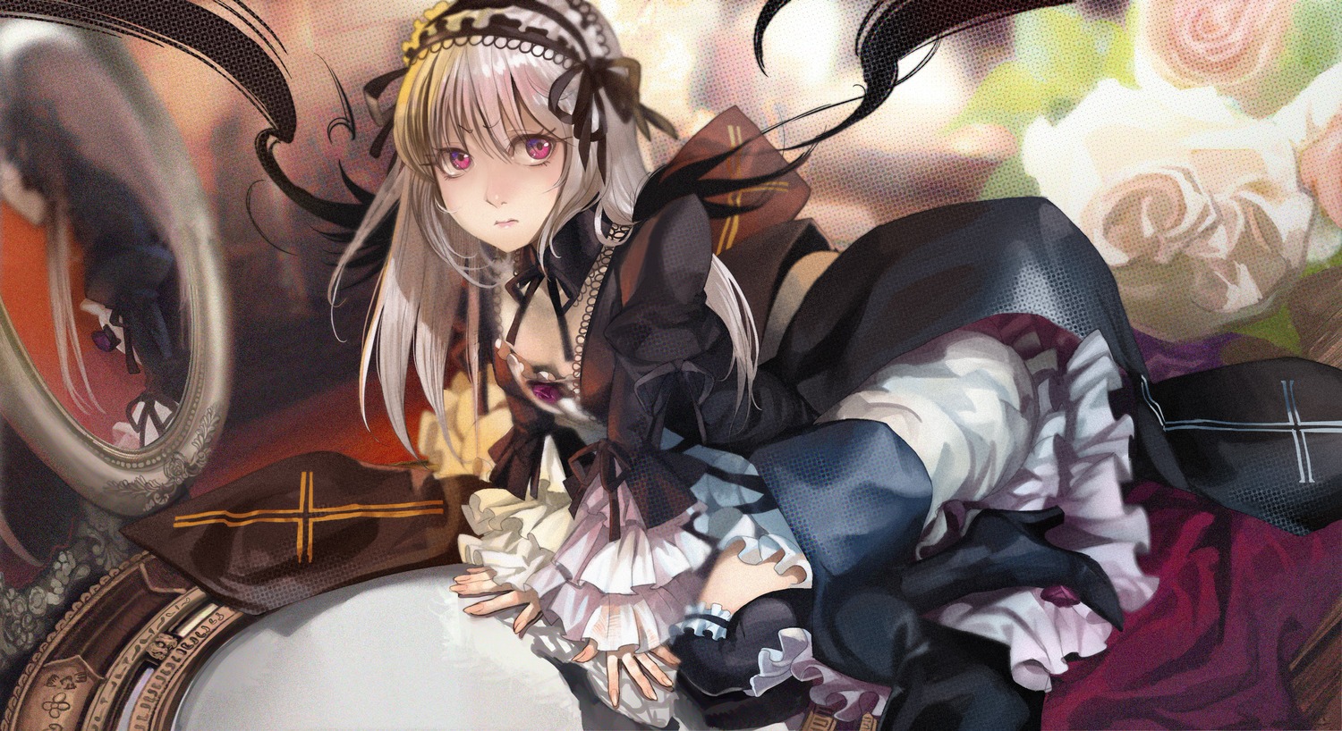 1girl absurdres black_dress commentary_request dress flower frilled_sleeves frills hairband high_heels highres image layered_dress lolita_fashion lolita_hairband long_hair long_sleeves looking_at_viewer mirror moruga photoshop_(medium) pink_eyes reflection rose rozen_maiden silver_hair solo suigintou thighhighs white_dress wide_sleeves wings
