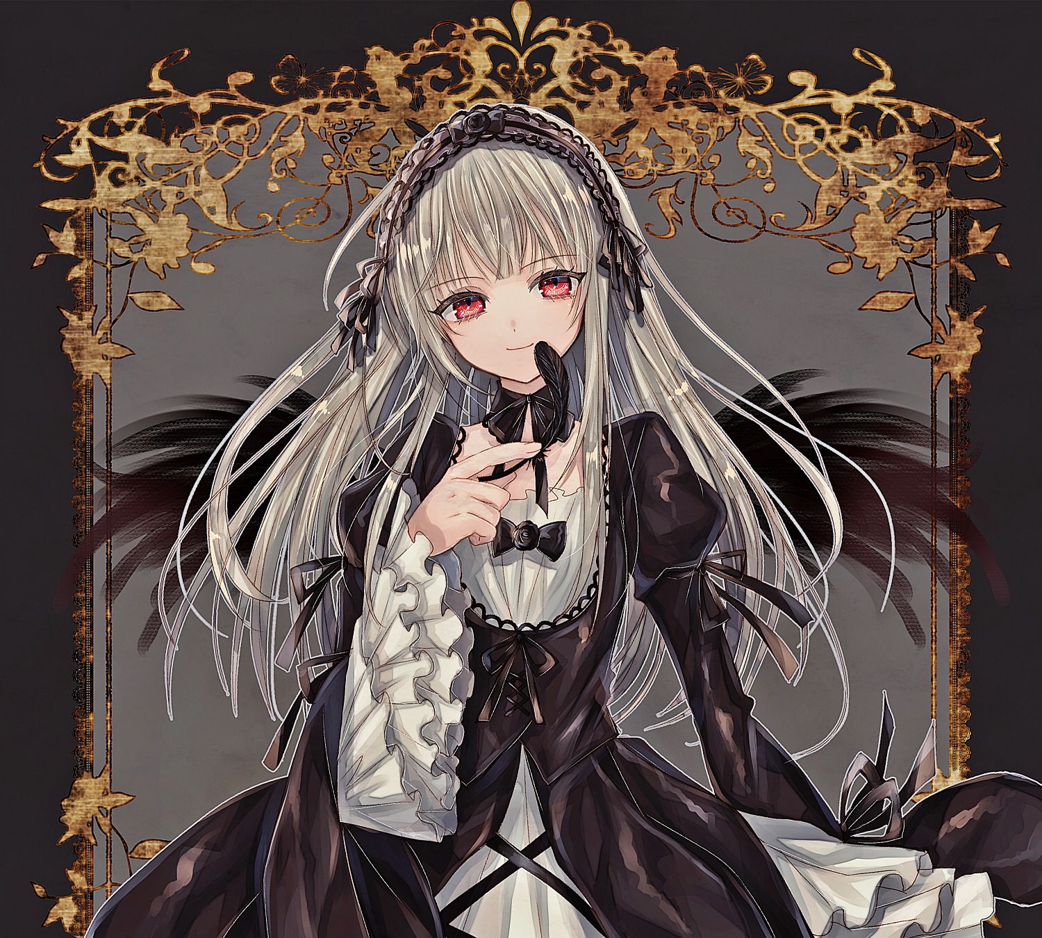 1girl bangs black_dress black_ribbon closed_mouth dress eyebrows_visible_through_hair finger_to_mouth flower frills gothic_lolita hairband image juliet_sleeves lolita_fashion long_hair long_sleeves looking_at_viewer red_eyes ribbon rose silver_hair smile solo suigintou wide_sleeves