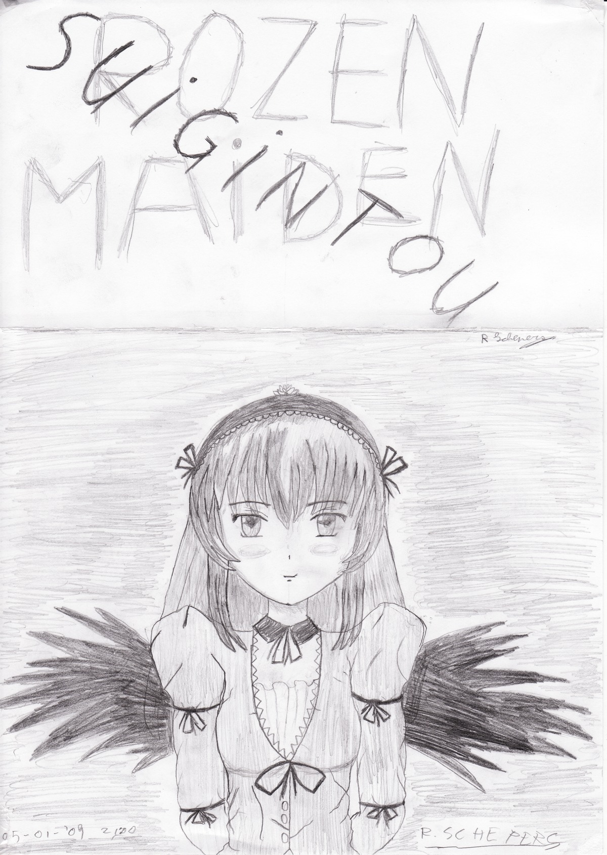 1girl black_wings blush detached_collar dress feathered_wings frills graphite_(medium) greyscale hairband image long_hair long_sleeves looking_at_viewer monochrome ribbon solo suigintou traditional_media upper_body wings