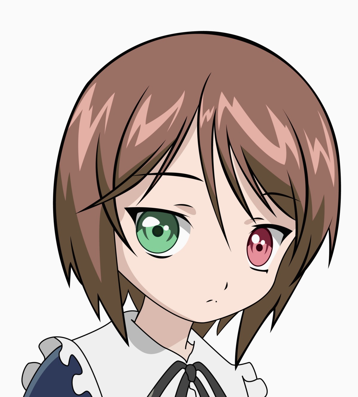 1girl bangs black_ribbon brown_hair closed_mouth eyebrows_visible_through_hair frills gradient gradient_background green_eyes grey_background image looking_at_viewer neck_ribbon portrait ribbon short_hair simple_background solo souseiseki striped vertical_stripes white_background