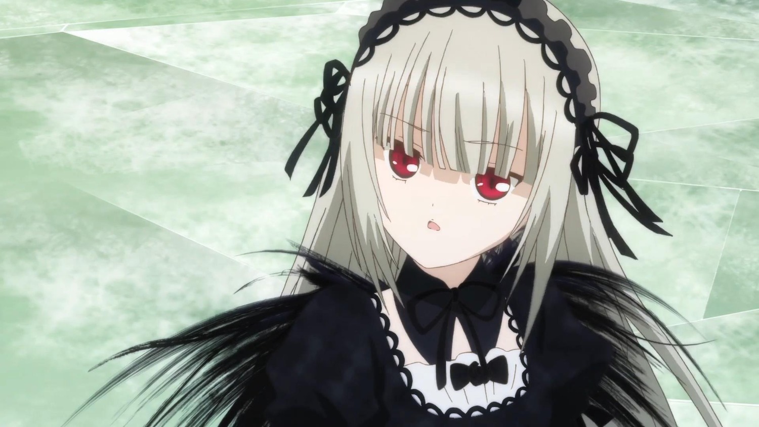 1girl bangs black_dress black_ribbon detached_collar dress eyebrows_visible_through_hair hairband image long_hair looking_at_viewer open_mouth red_eyes ribbon silver_hair solo suigintou upper_body wings