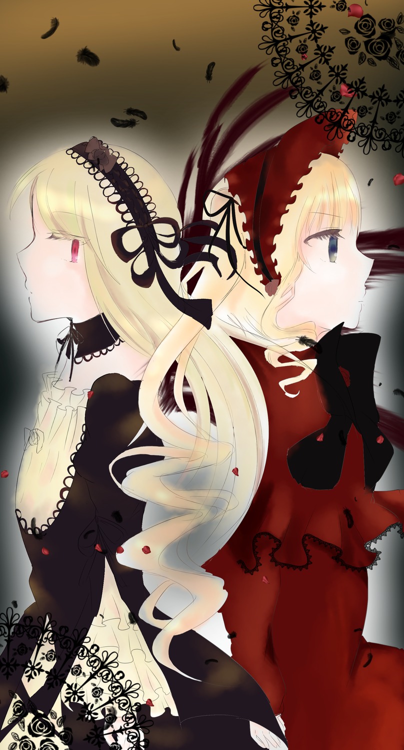 2girls blonde_hair blue_eyes dress hairband image long_hair long_sleeves multiple_girls pair profile red_eyes shinku suigintou